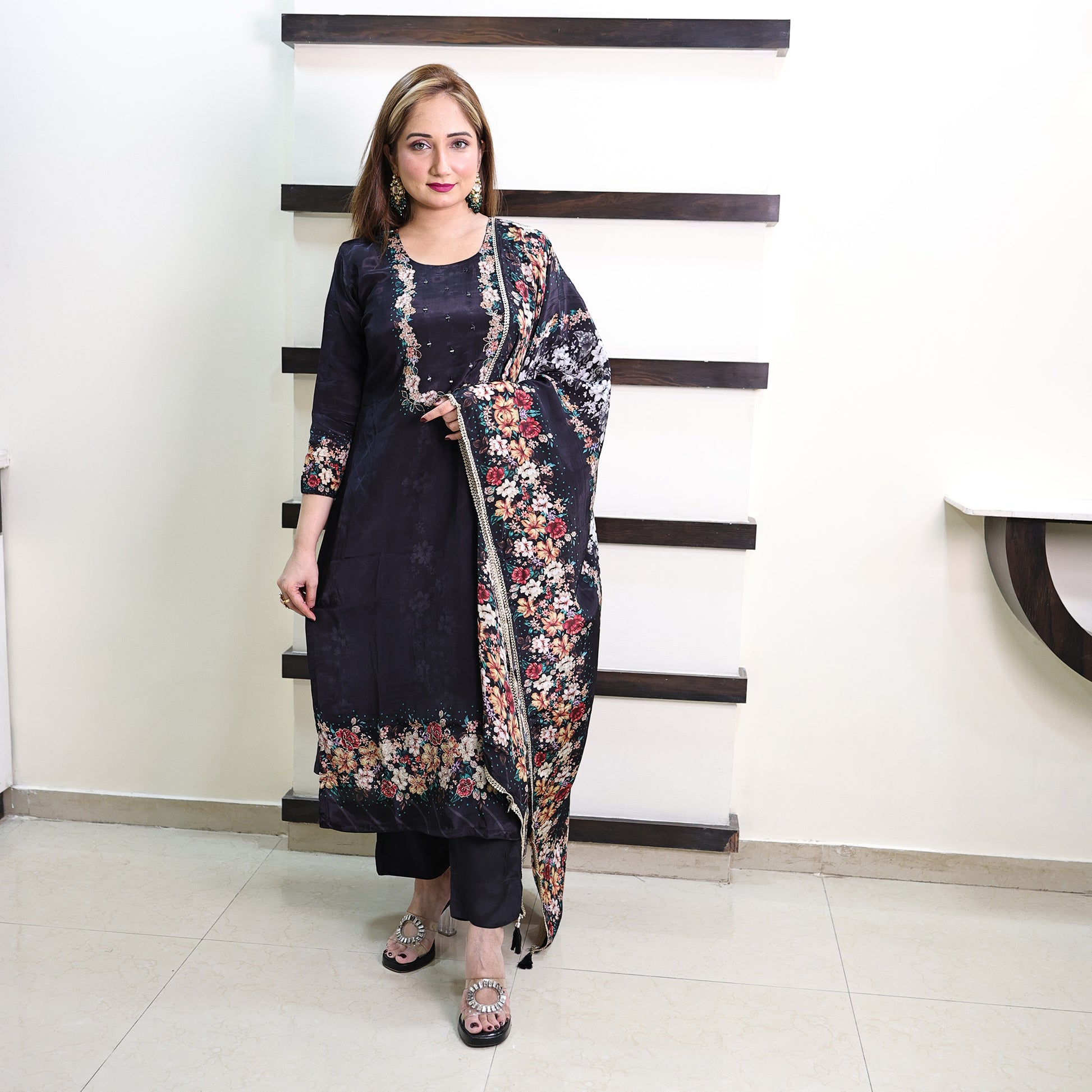 Midnight Blossom Embroidered Suit Set