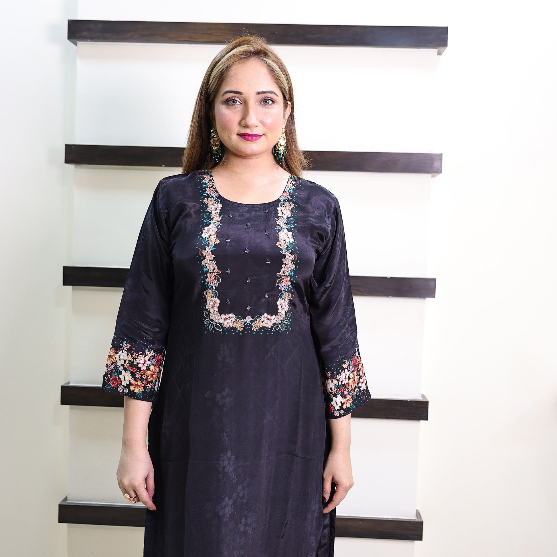 Midnight Blossom Embroidered Suit Set