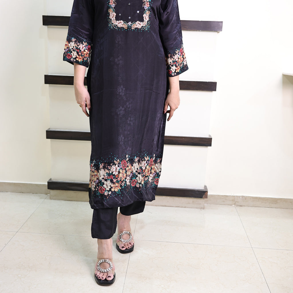 Midnight Blossom Embroidered Suit Set