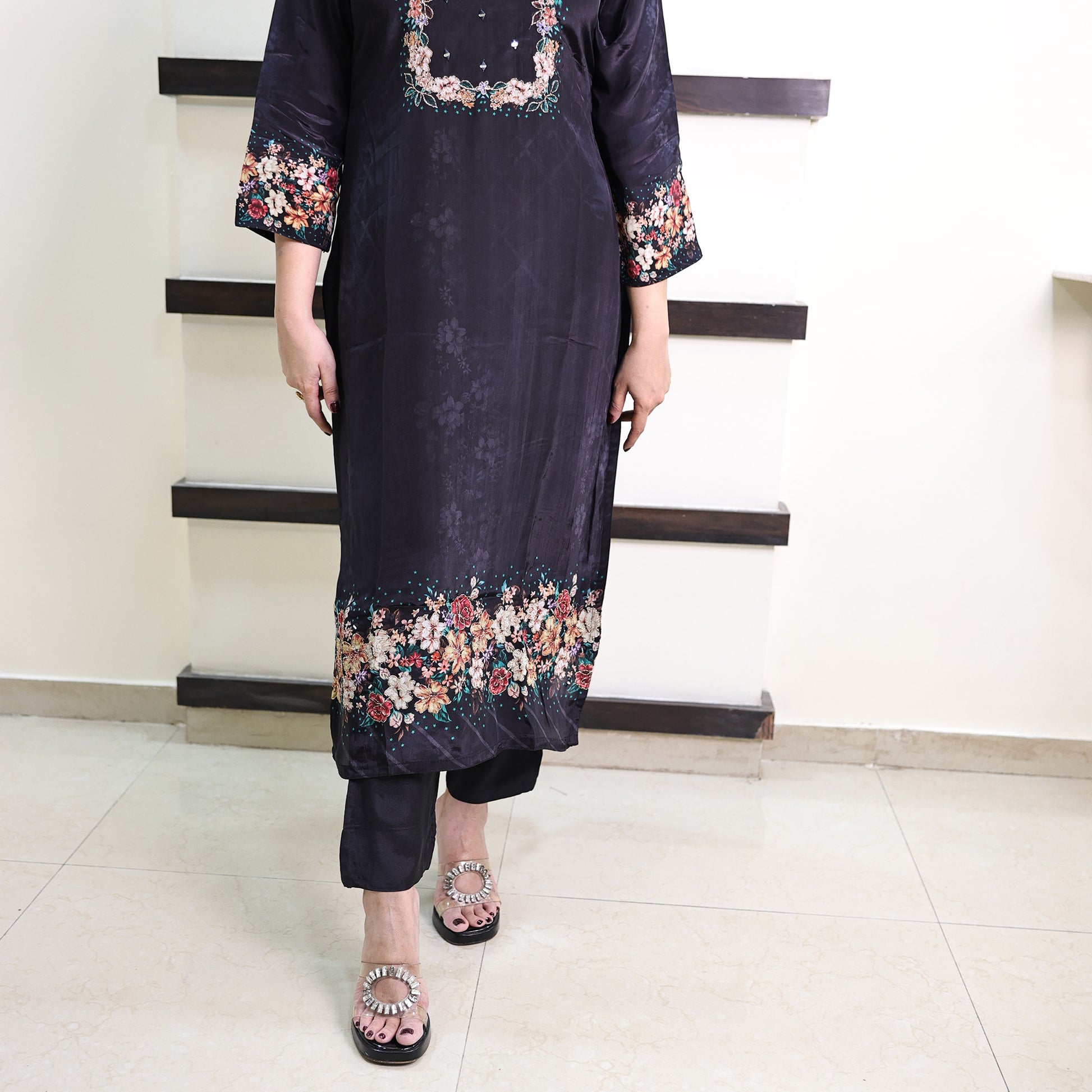 Midnight Blossom Embroidered Suit Set