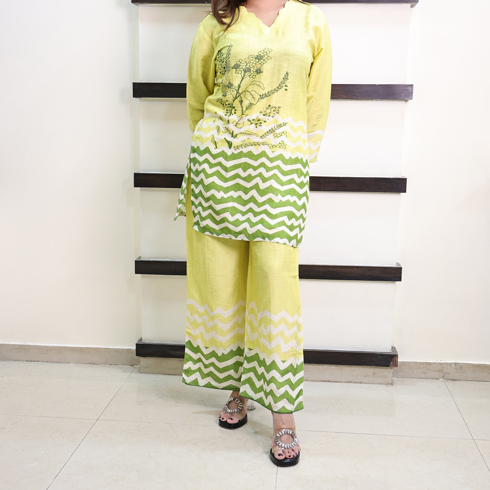 Parrot green n yellow coord set with wide pants